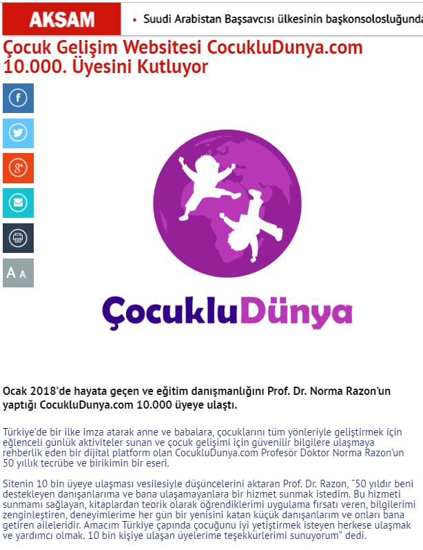 Akşam - Çocuk Gelişim Websitesi CocukluDunya.com 10.000. Üyesini Kutluyor